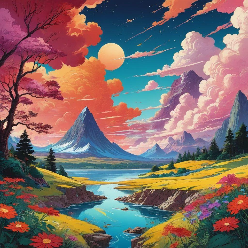 An eclectic blend of iconic adult animation characters from niche anime and graphic novels, interspersed with vibrant graphic elements and whimsical backgrounds that symbolize creativity and freedom. Include a richly colored, surreal landscape to evoke an adventurous vibe, with subtle nods to the themes of mature storytelling. Incorporate elements like ink splashes and comic-style panels to enhance the artistic feel. bold colors. dynamic composition. illustration.